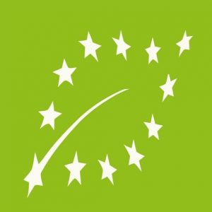 Logotipo de Agricultura Ecologica: 12 estrellas blancas de la Union Europea que forman la silueta de una hoja sobre un fondo verde